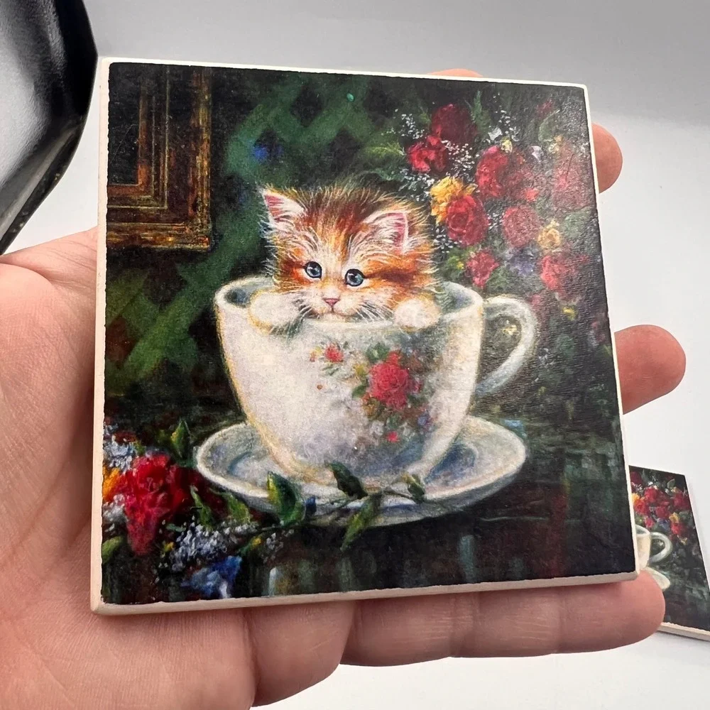 Vintage Ceramic Kitten in Teacup Coasters Set of 4‎ Cork Backed Cat Floral Art